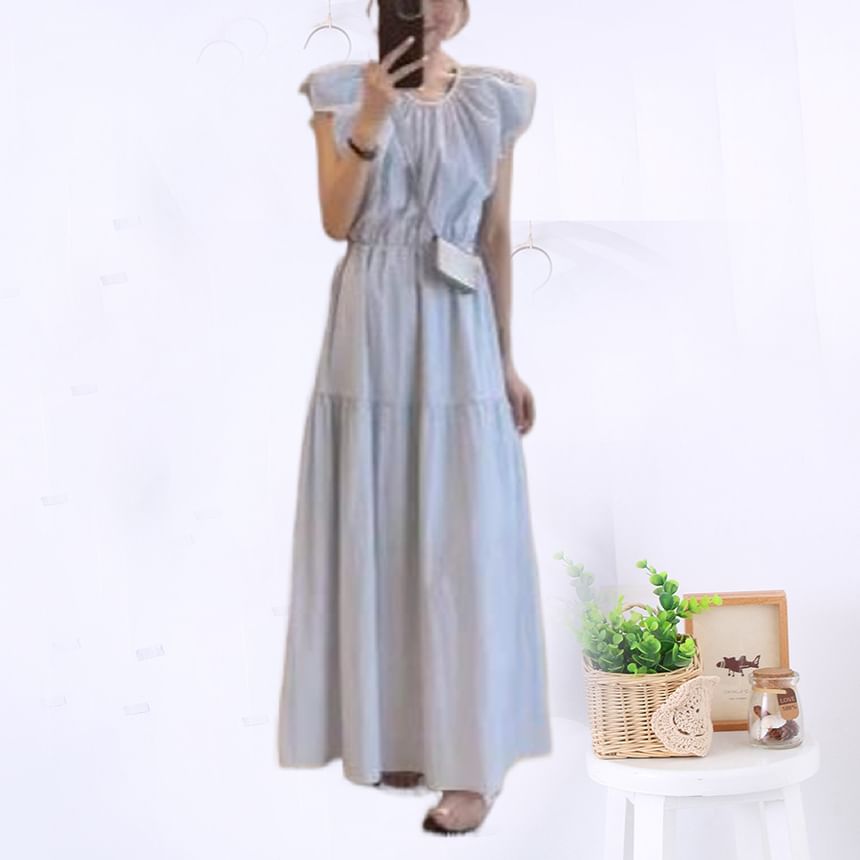 Black Cap-Sleeve Crewneck A-Line Maxi Dress - Altfashion Shop