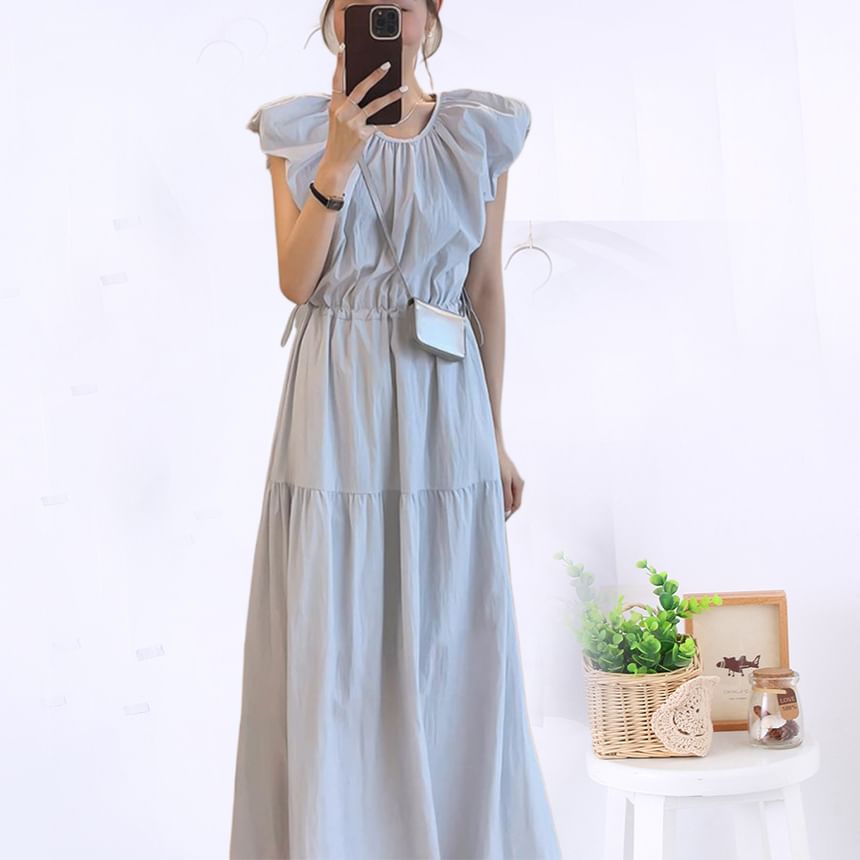 Black Cap-Sleeve Crewneck A-Line Maxi Dress - Altfashion Shop