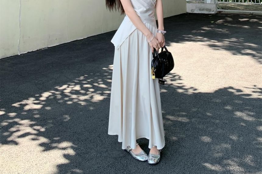 Sleeveless Twisted Plain Top and High Waist Maxi A-Line Skirt Set