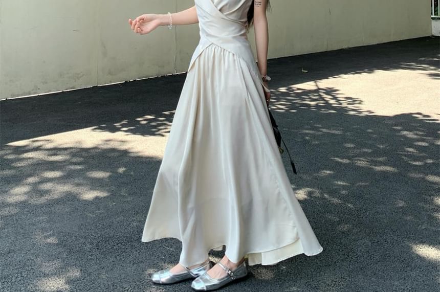 Sleeveless Twisted Plain Top and High Waist Maxi A-Line Skirt Set
