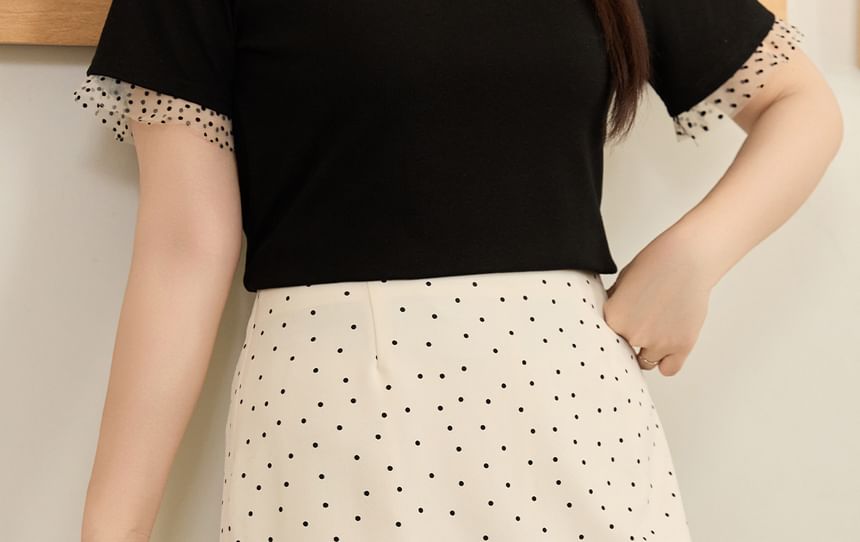Dotted Contrast Lace Trim Mini A-Line Skirt High Rise