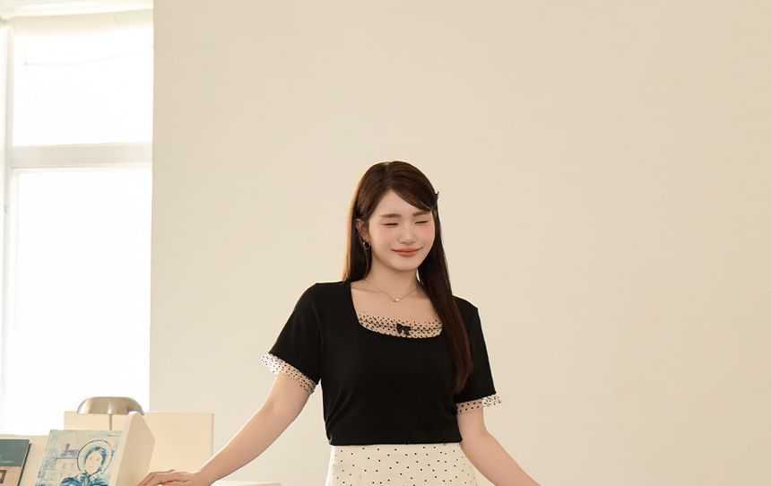 Dotted Contrast Lace Trim Mini A-Line Skirt High Rise