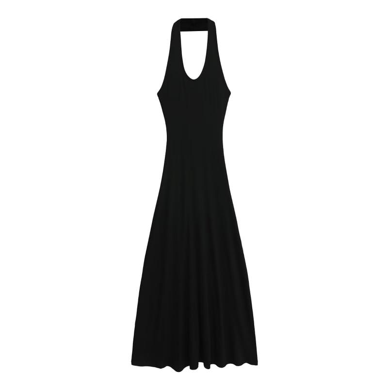 Black Halter Scoop Neck A-Line Maxi Dress - Altfashion Shop