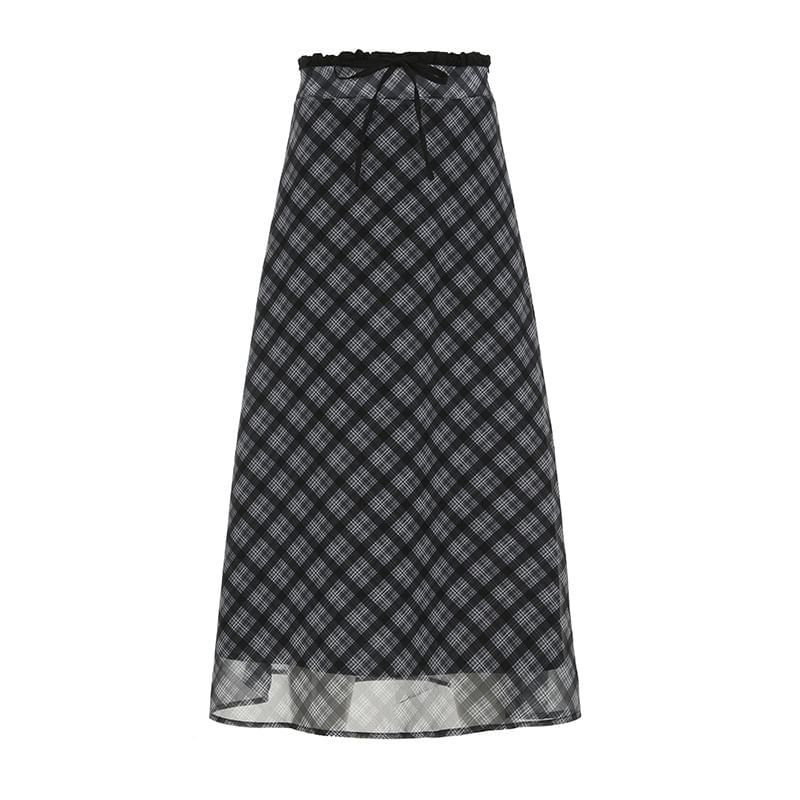 Plaid Sheer Midi Skirt High Waist