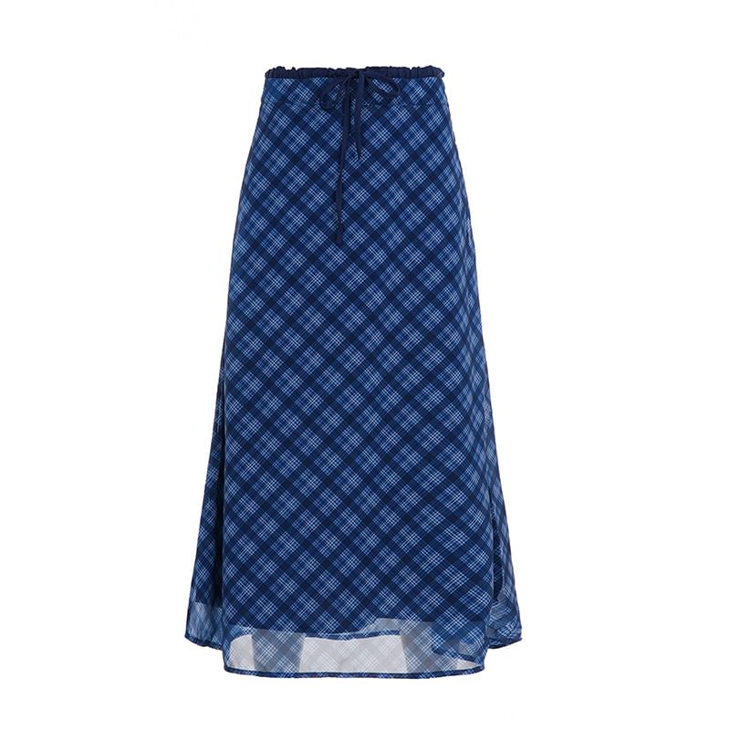 Plaid Sheer Midi Skirt High Waist