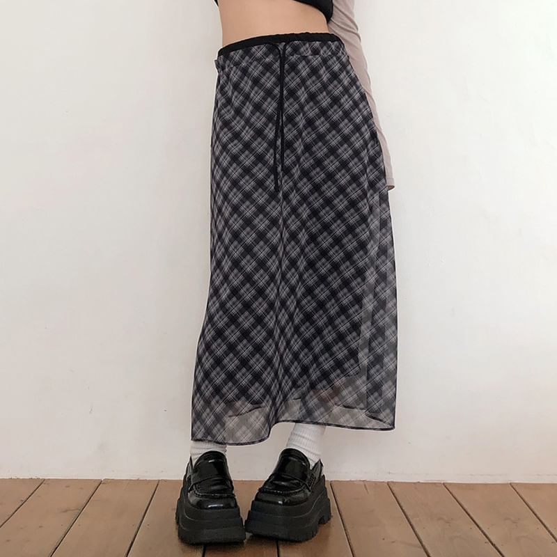 Plaid Sheer Midi Skirt High Waist