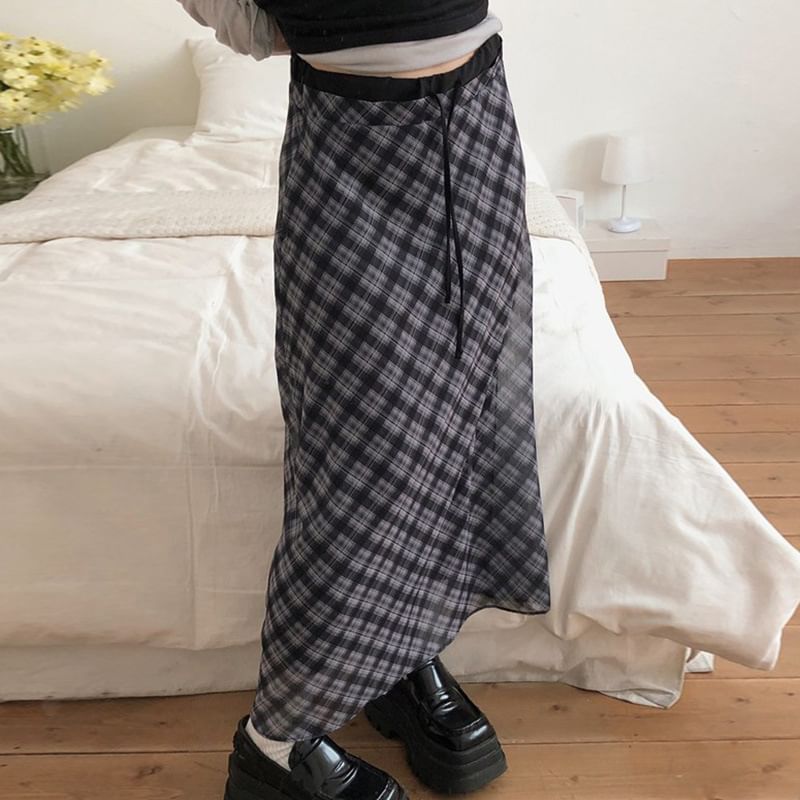 Plaid Sheer Midi Skirt High Waist