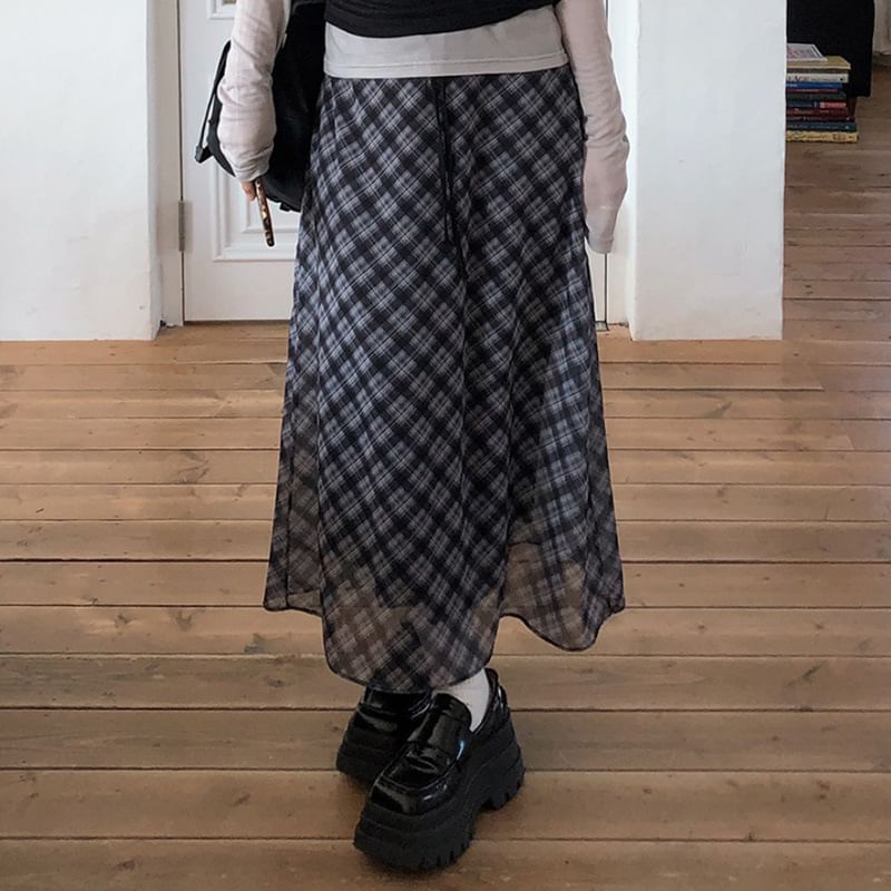 Plaid Sheer Midi Skirt High Waist