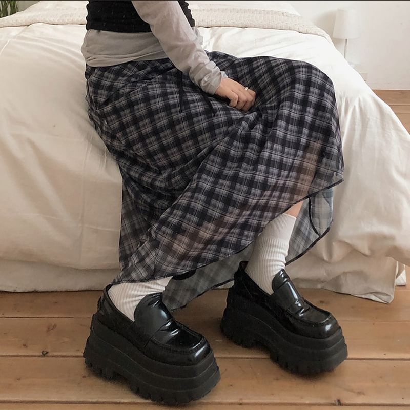 Plaid Sheer Midi Skirt High Waist