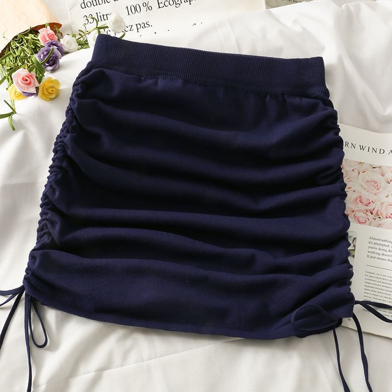 Drawstring High Waist Plain Mini Pencil Skirt