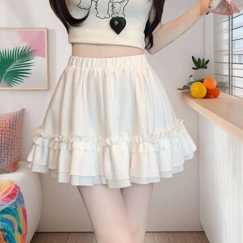 Ruffled High Rise Plain Mini A-Line Skirt
