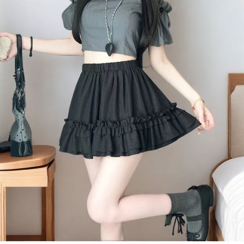 Ruffled High Rise Plain Mini A-Line Skirt