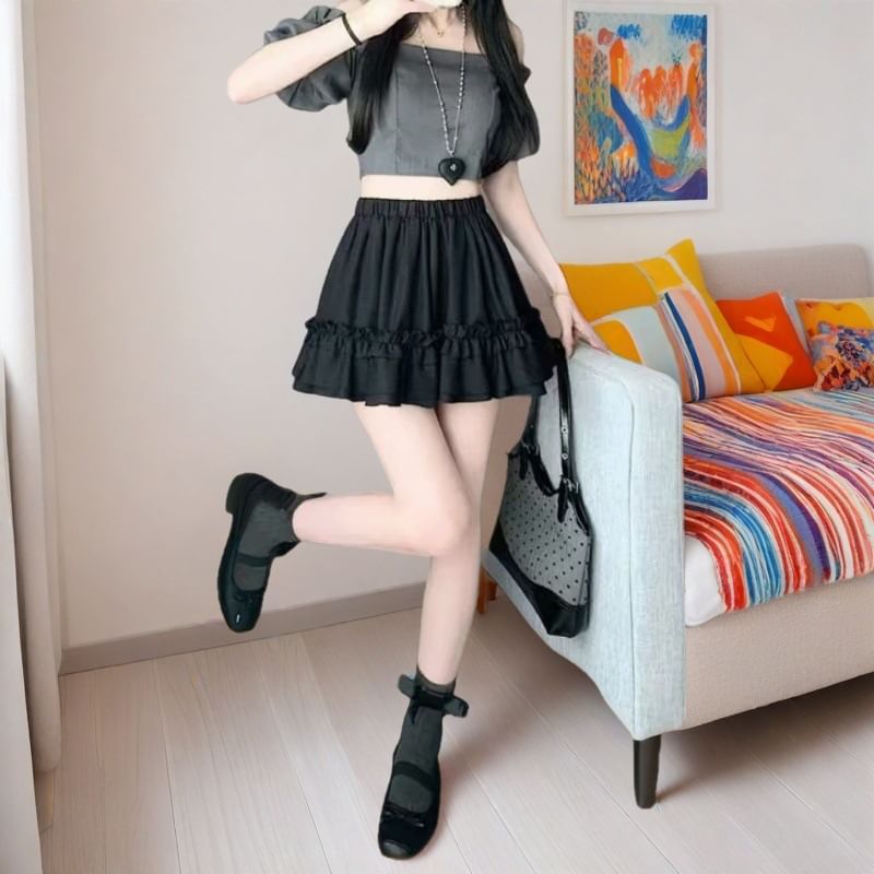 Ruffled High Rise Plain Mini A-Line Skirt