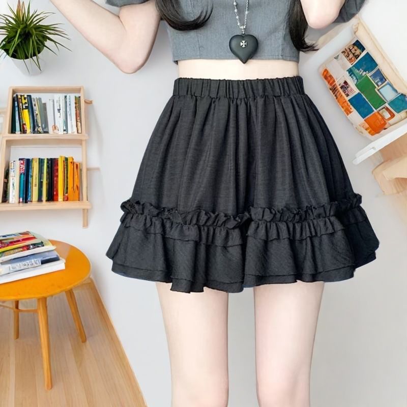 Ruffled High Rise Plain Mini A-Line Skirt