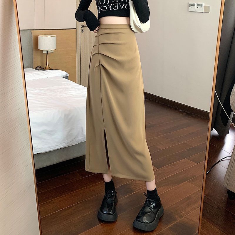 Ruched Slit High Rise Plain Midi A-Line Skirt