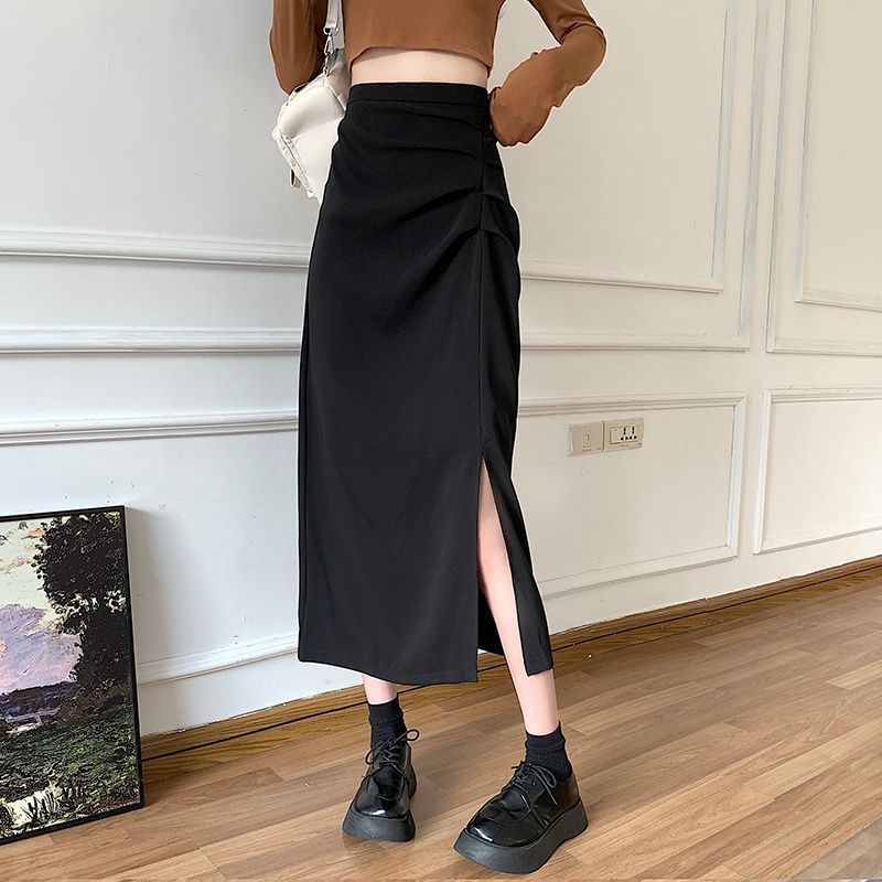 Ruched Slit High Rise Plain Midi A-Line Skirt