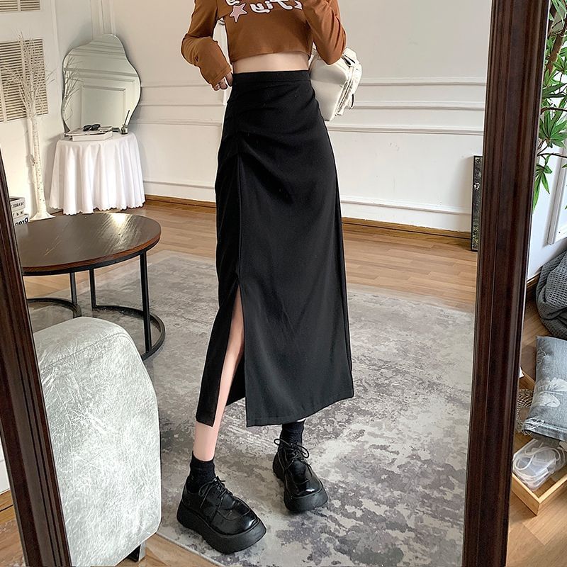 Ruched Slit High Rise Plain Midi A-Line Skirt