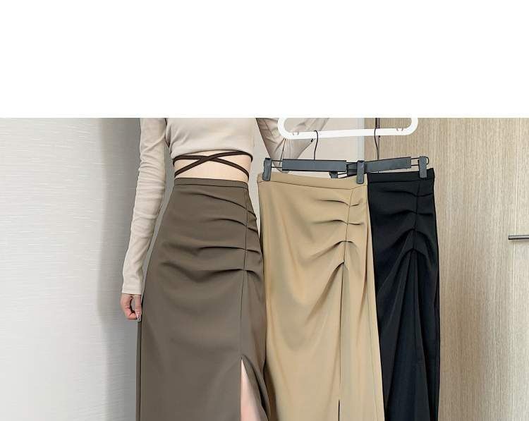 Ruched Slit High Rise Plain Midi A-Line Skirt