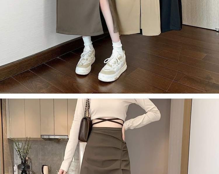 Ruched Slit High Rise Plain Midi A-Line Skirt