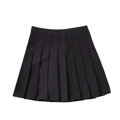 Short Sleeve Collared Plain Shirt with Neck Tie and High Rise Plaid Mini Pleated Skirt Set