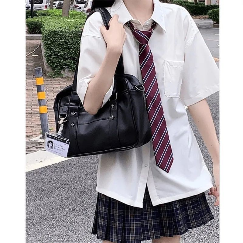 Short Sleeve Collared Plain Shirt with Neck Tie and High Rise Plaid Mini Pleated Skirt Set