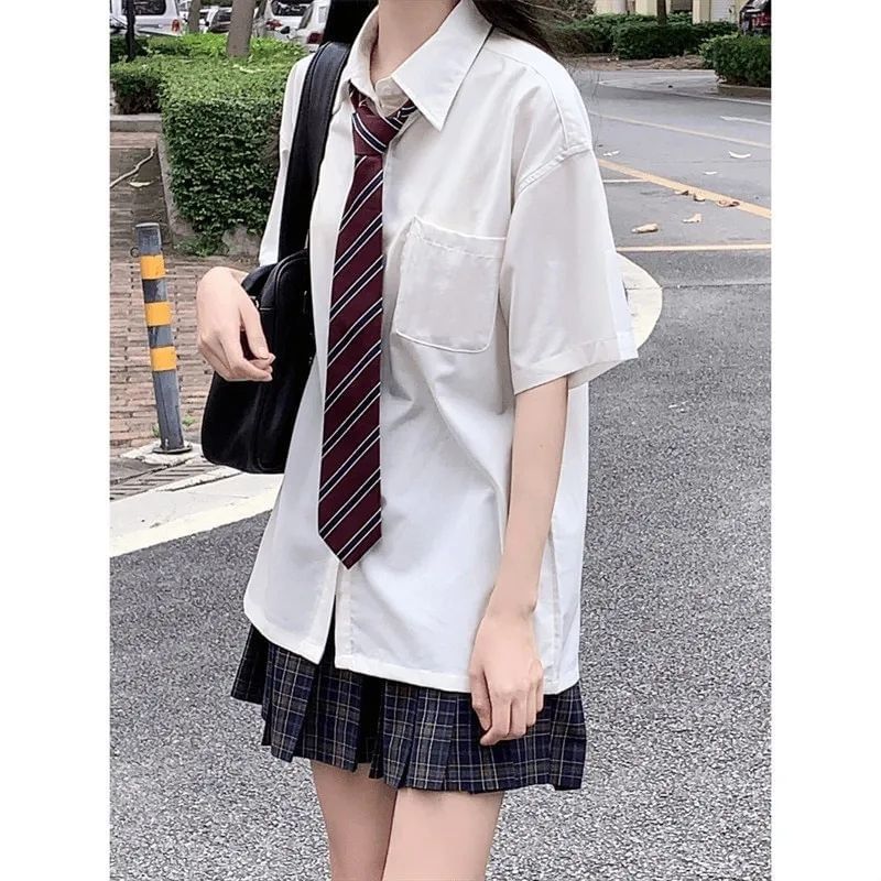 Short Sleeve Collared Plain Shirt with Neck Tie and High Rise Plaid Mini Pleated Skirt Set
