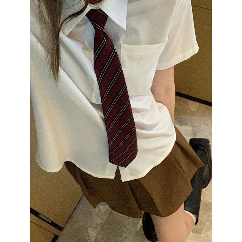 Short Sleeve Collared Plain Shirt with Neck Tie and High Rise Plaid Mini Pleated Skirt Set