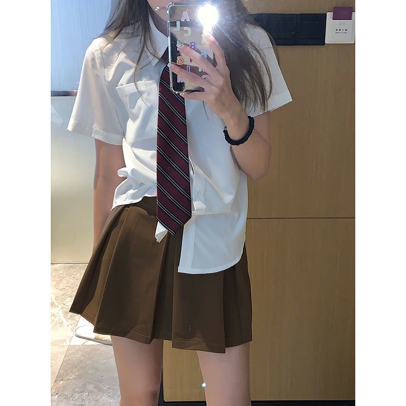 Short Sleeve Collared Plain Shirt with Neck Tie and High Rise Plaid Mini Pleated Skirt Set