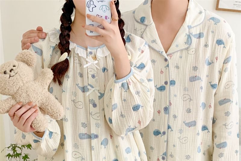 Couple Matching Pajama Set: Long-Sleeve Whale Print Top + Pants