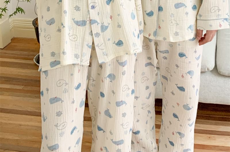 Couple Matching Pajama Set: Long-Sleeve Whale Print Top + Pants