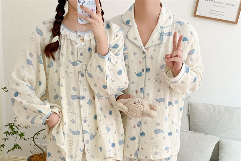 Couple Matching Pajama Set: Long-Sleeve Whale Print Top + Pants