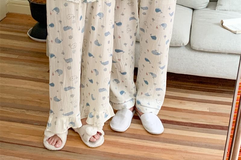 Couple Matching Pajama Set: Long-Sleeve Whale Print Top + Pants