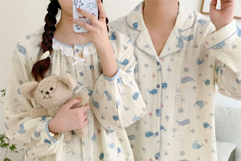 Couple Matching Pajama Set: Long-Sleeve Whale Print Top + Pants