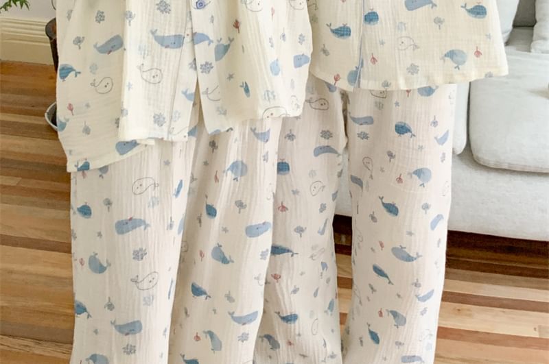 Couple Matching Pajama Set: Long-Sleeve Whale Print Top + Pants