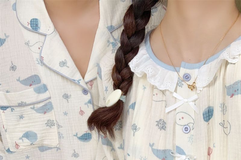 Couple Matching Pajama Set: Long-Sleeve Whale Print Top + Pants