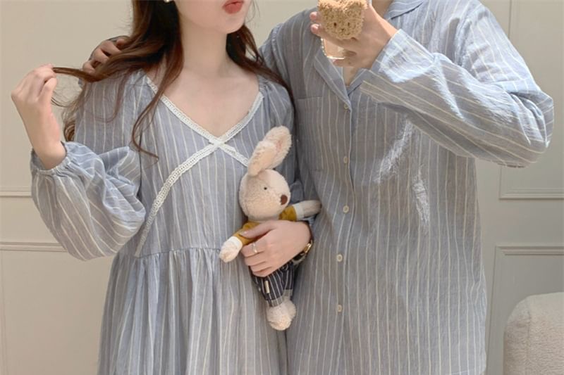 Couple Matching Long-Sleeve Striped Pajama Top / Dress / Pants / Set