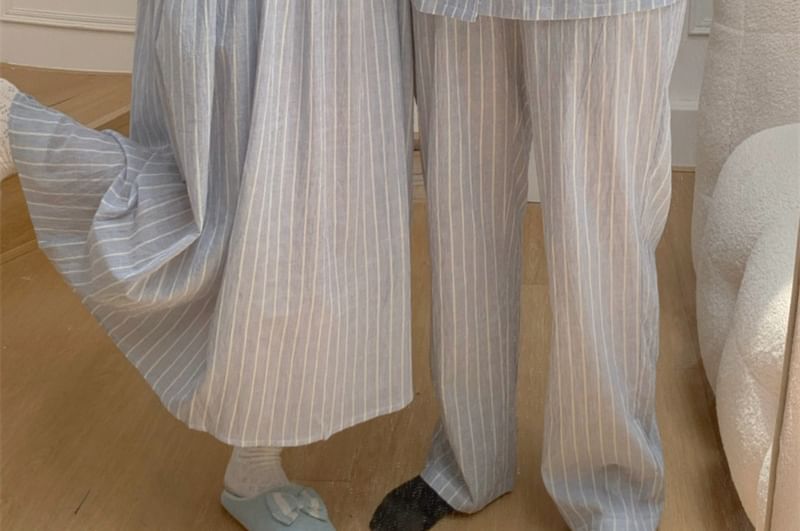 Couple Matching Long-Sleeve Striped Pajama Top / Dress / Pants / Set