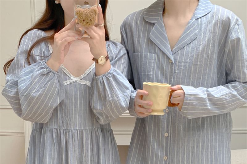 Couple Matching Long-Sleeve Striped Pajama Top / Dress / Pants / Set