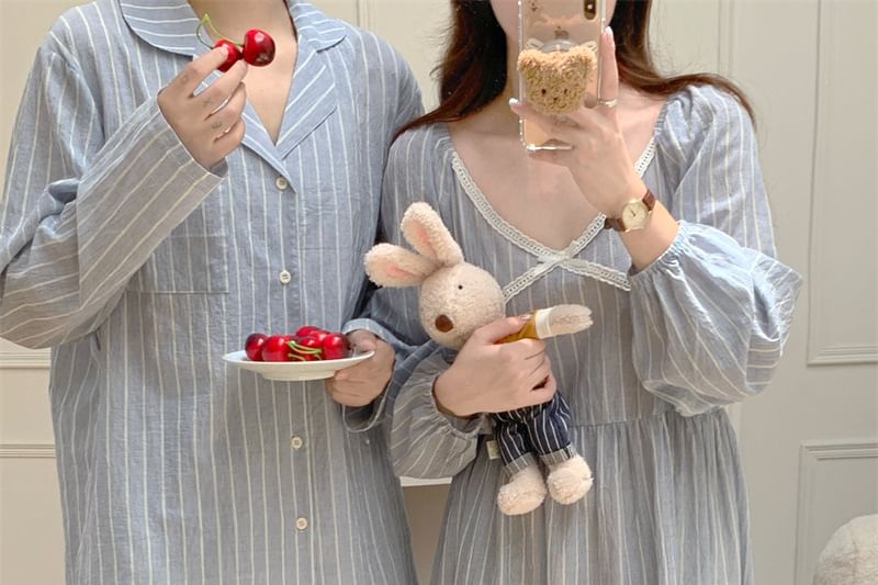 Couple Matching Long-Sleeve Striped Pajama Top / Dress / Pants / Set