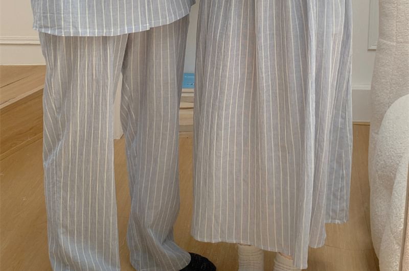 Couple Matching Long-Sleeve Striped Pajama Top / Dress / Pants / Set