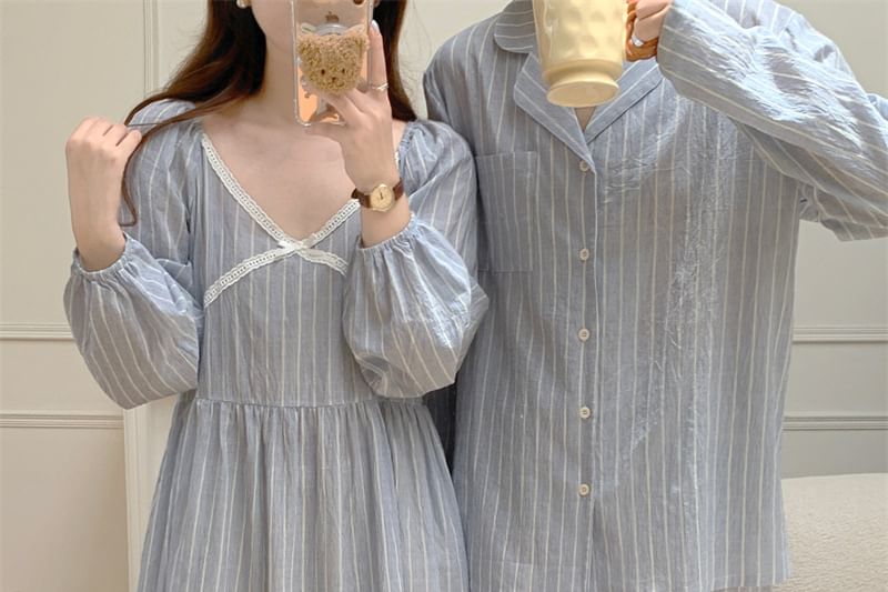 Couple Matching Long-Sleeve Striped Pajama Top / Dress / Pants / Set