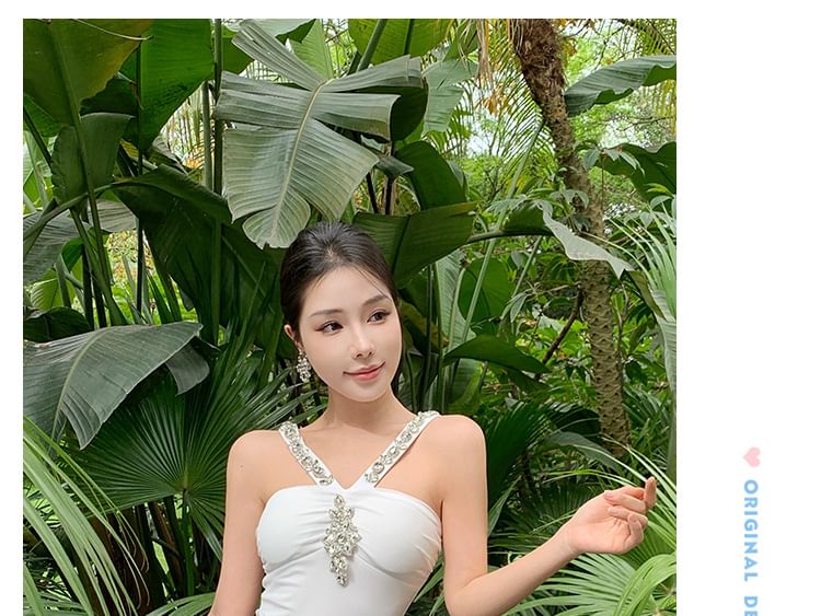 Black Sleeveless Rhinestone Bodycon Maxi Dress - Altfashion Shop