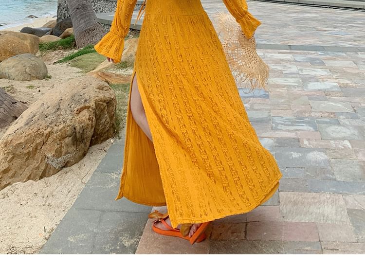 Long-Sleeve Cold-Shoulder Lace-Up Crop Top with Slit Maxi Pencil Skirt Set