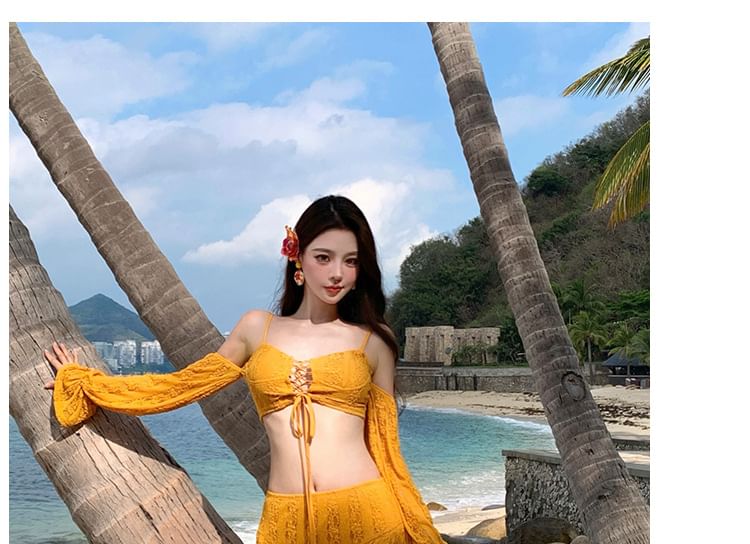 Long-Sleeve Cold-Shoulder Lace-Up Crop Top with Slit Maxi Pencil Skirt Set