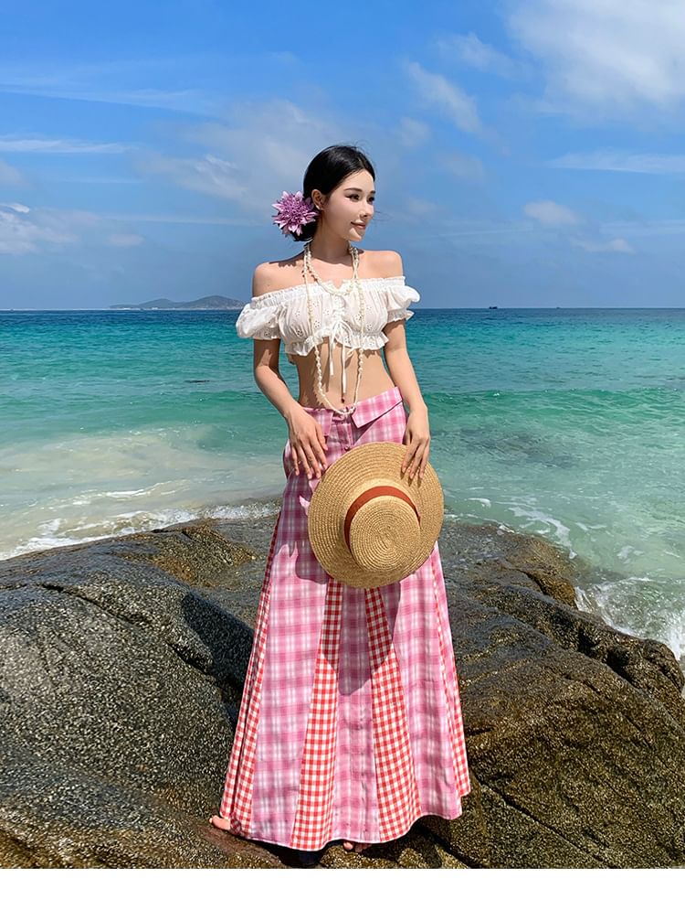Puff-Sleeve Off-Shoulder Ruffle Crop Top & Plaid Maxi A-Line Skirt Set