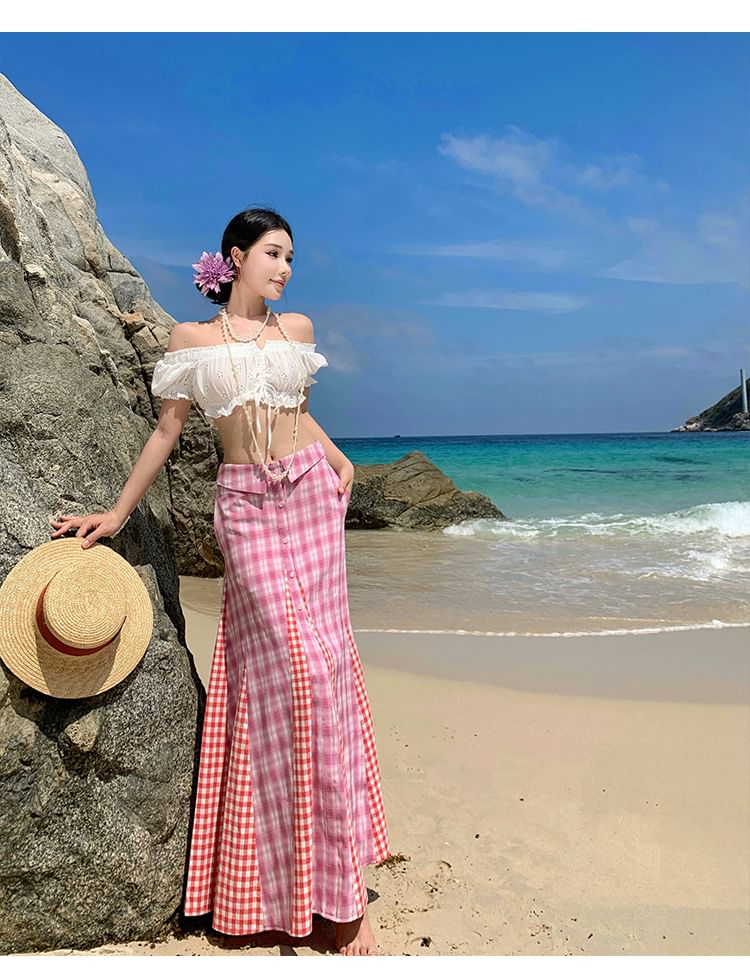 Puff-Sleeve Off-Shoulder Ruffle Crop Top & Plaid Maxi A-Line Skirt Set