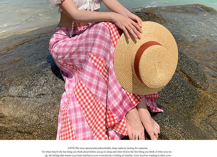 Puff-Sleeve Off-Shoulder Ruffle Crop Top & Plaid Maxi A-Line Skirt Set