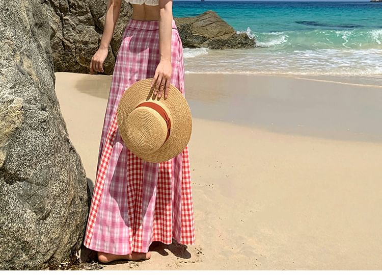 Puff-Sleeve Off-Shoulder Ruffle Crop Top & Plaid Maxi A-Line Skirt Set