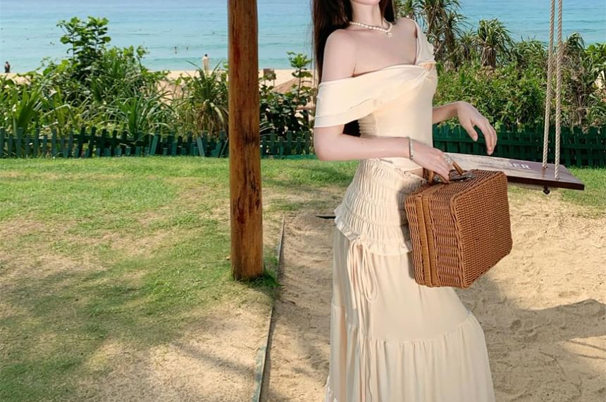 Cap Sleeve V-Neck Plain Knot Crop Slim Tee and High Rise Tiered Maxi A-Line Skirt Set