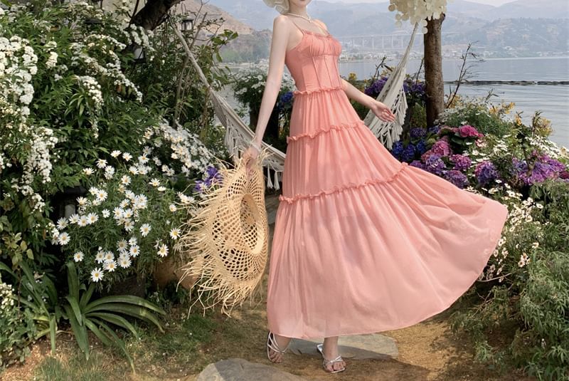 Black Spaghetti Strap Tiered Ruffle Trim Midi A-Line Dress - Altfashion Shop